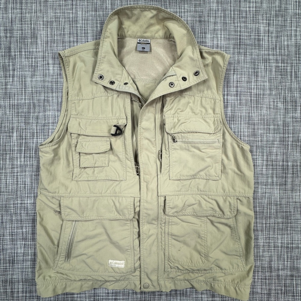 Vintage Columbia GRT Vest Mens Large Khaki OmniDry Nylon Fishing Utility Pockets